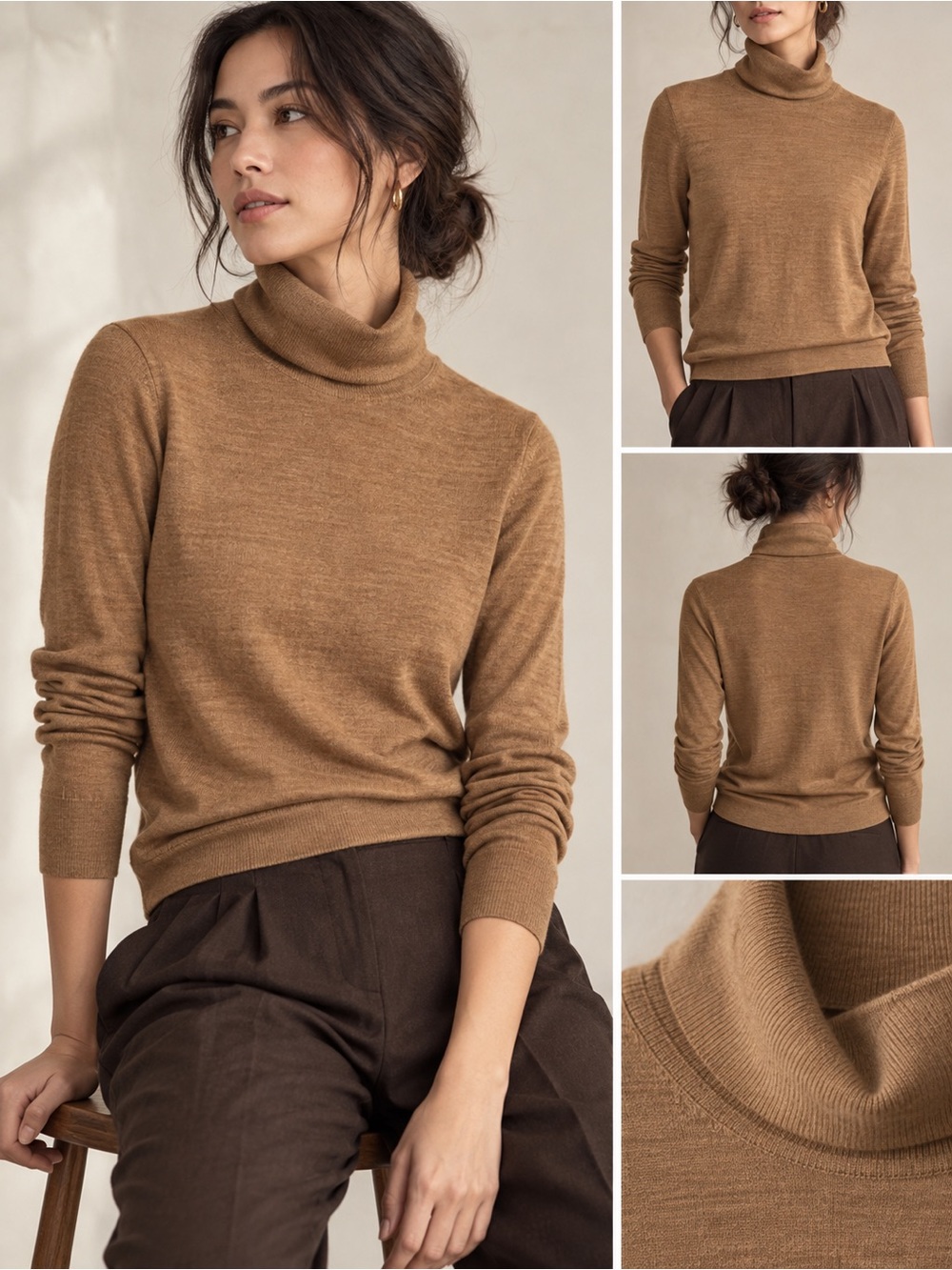100% Merino Wool Turtleneck Sweater Women S Camel Brown Lightweight Fall Knit